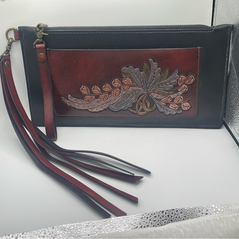 Allred Leather Company: Genuine Leather Hand Tooled Wristlet Clutch Bag w/Tassel